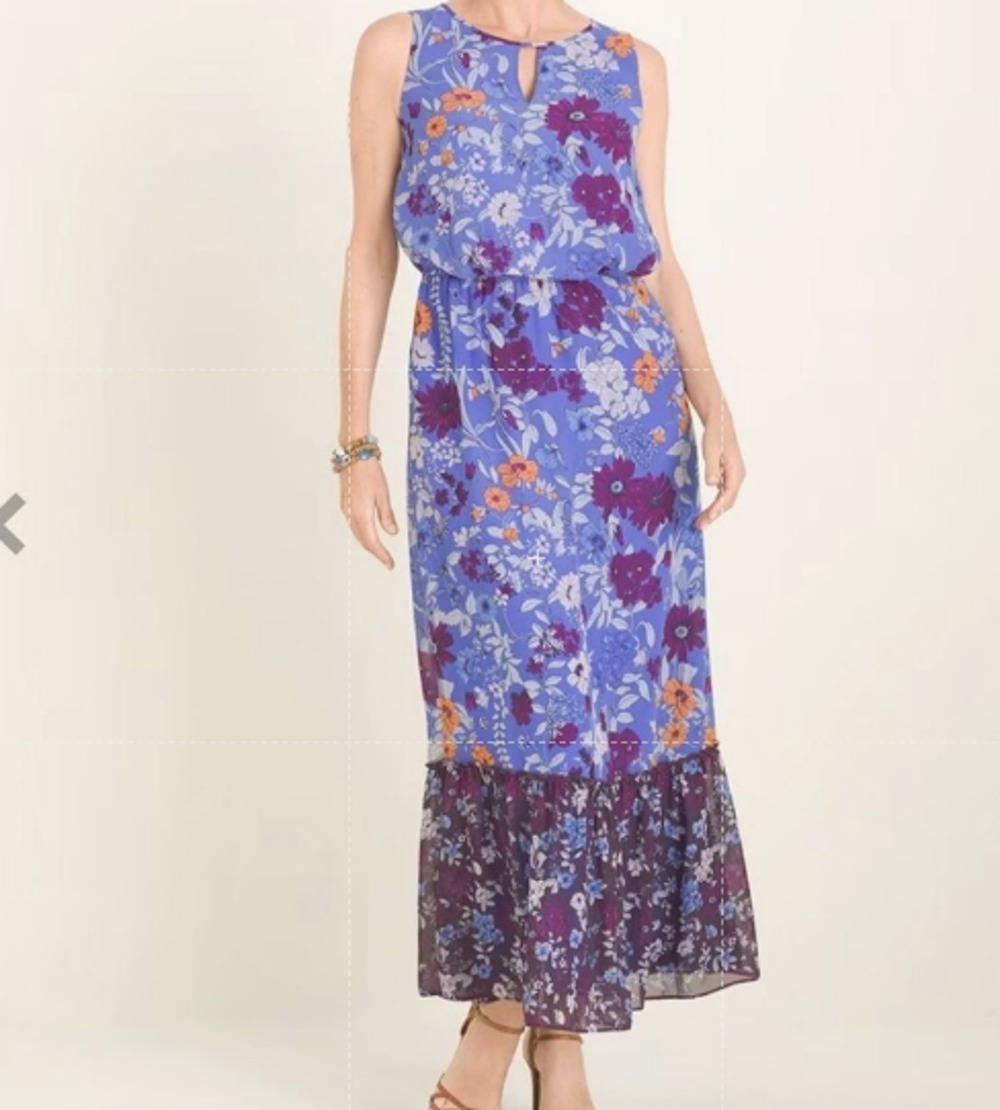 Chicos Maxi Dress Women's 4 Floral Sleeveless Ruffle Hem Lightweight NWT Summer